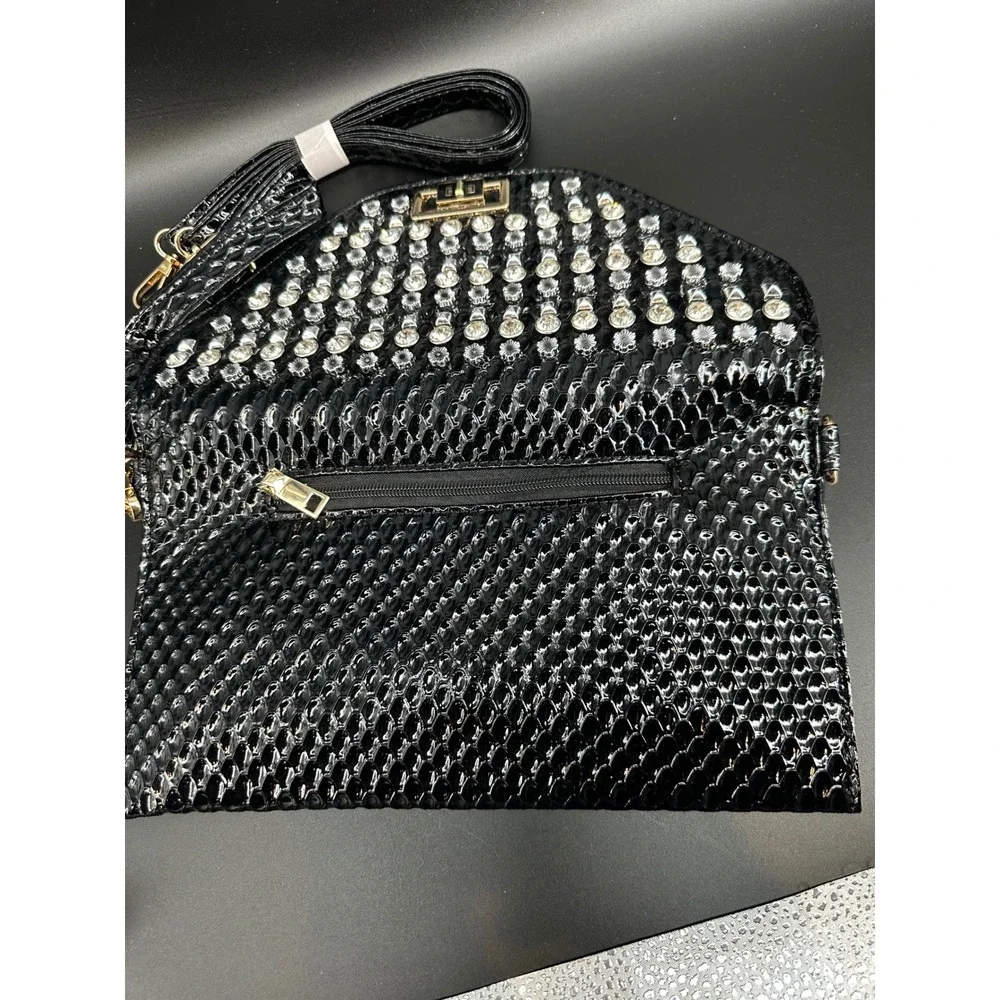 Black Studded Clutch Wristlet Crossbody Bag Rhinestone Snake Embossed Gold Purse