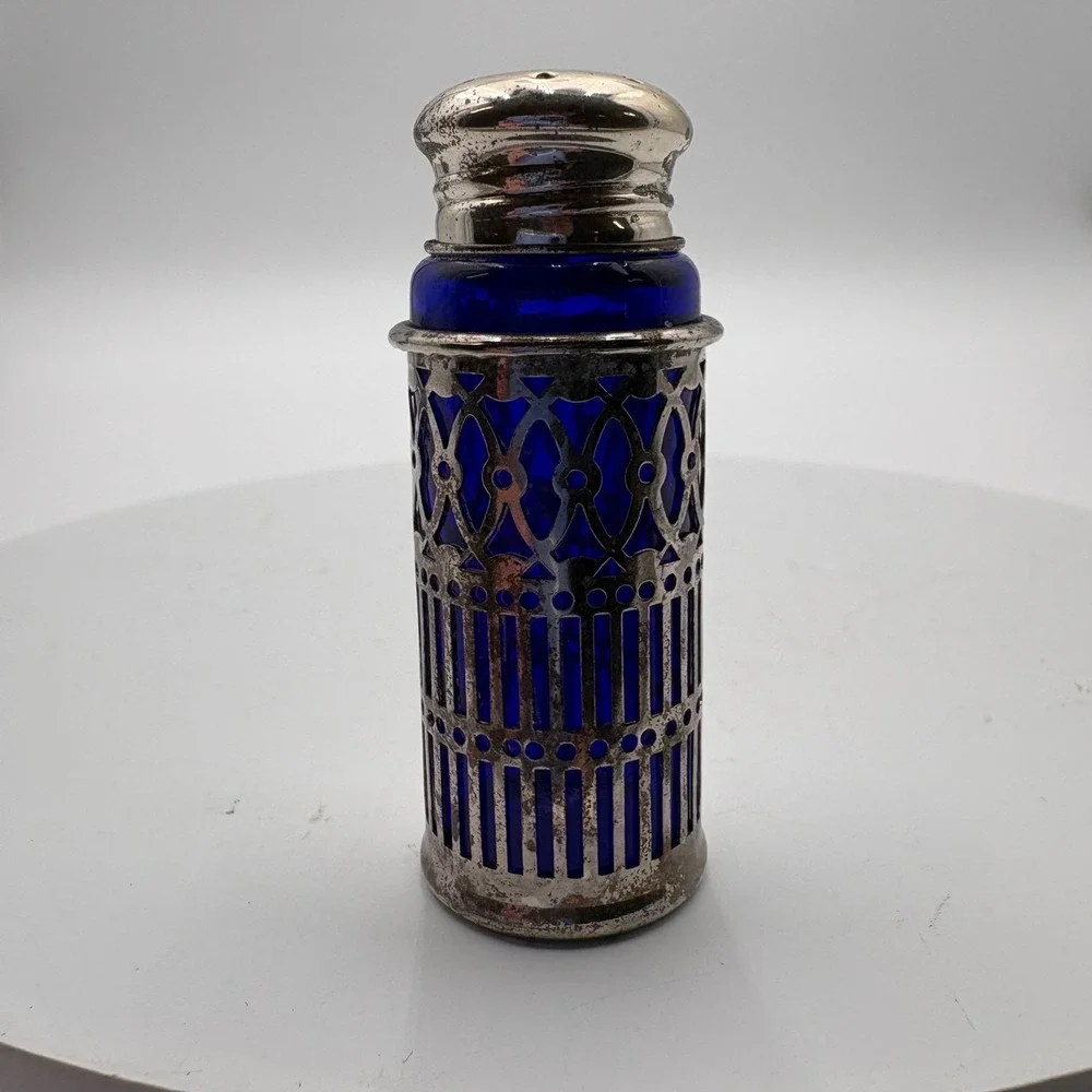 Vintage‎ Cobalt Blue Glass Salt Pepper Shakers Ornate Silver Plate Holders Japan