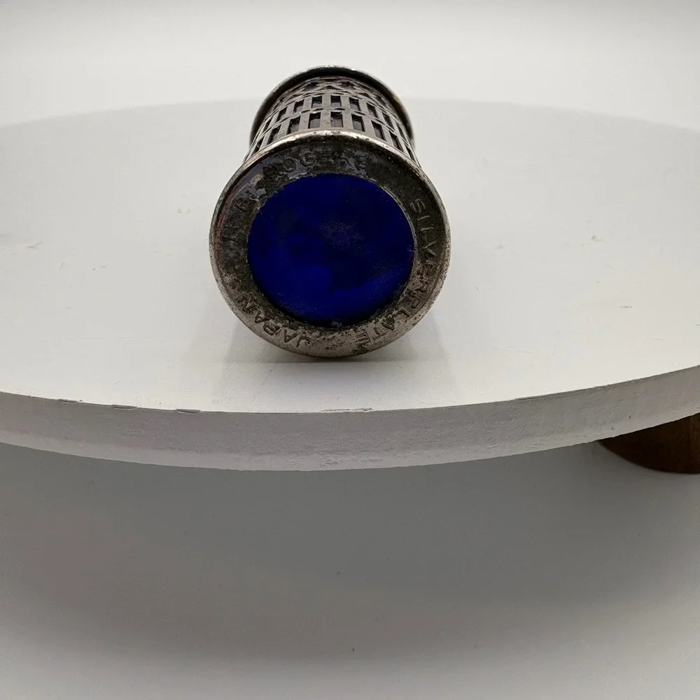 Vintage‎ Cobalt Blue Glass Salt Pepper Shakers Ornate Silver Plate Holders Japan