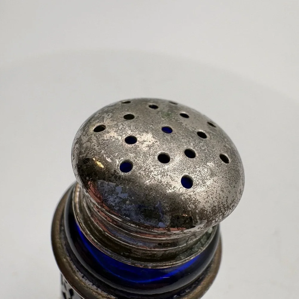 Vintage‎ Cobalt Blue Glass Salt Pepper Shakers Ornate Silver Plate Holders Japan