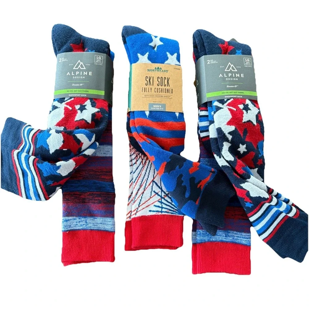 Lot Of 6 Pairs Ski Socks Mens‎ Womens Size L Fully Cushioned Blue/Red Unisex NEW