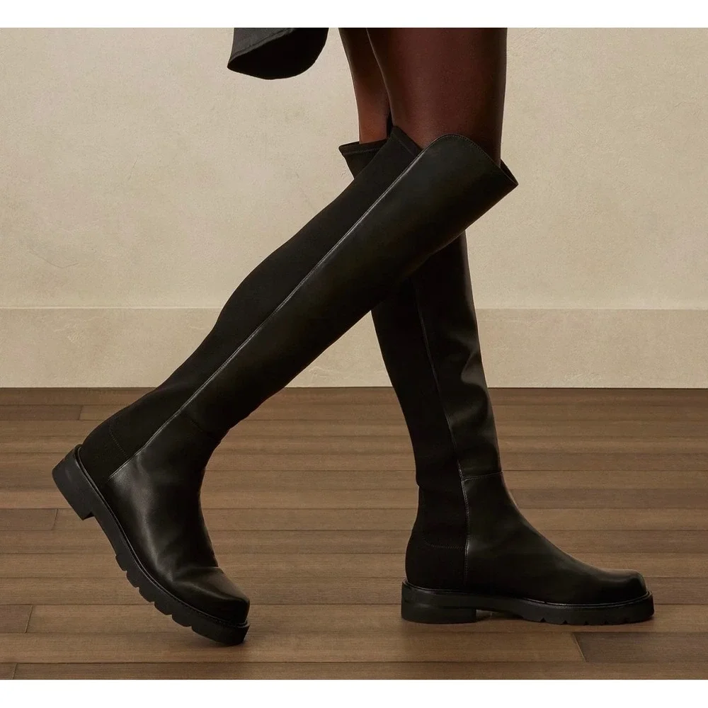 HH Stuart‎ Weitzman 5050 Lift Black Leather Over The Knee Lug Sole Boots 37 YL