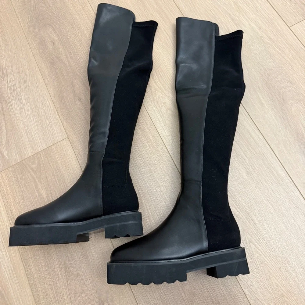 HH Stuart‎ Weitzman 5050 Lift Black Leather Over The Knee Lug Sole Boots 37 YL