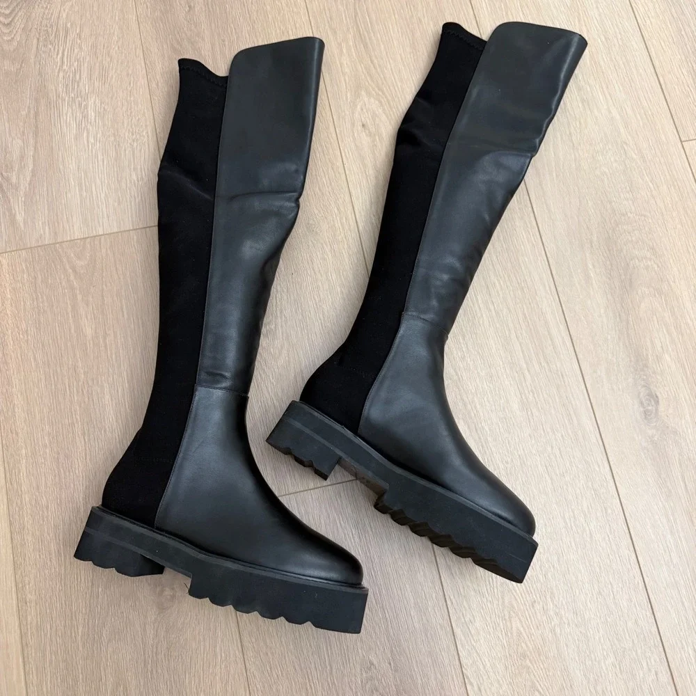 HH Stuart‎ Weitzman 5050 Lift Black Leather Over The Knee Lug Sole Boots 37 YL