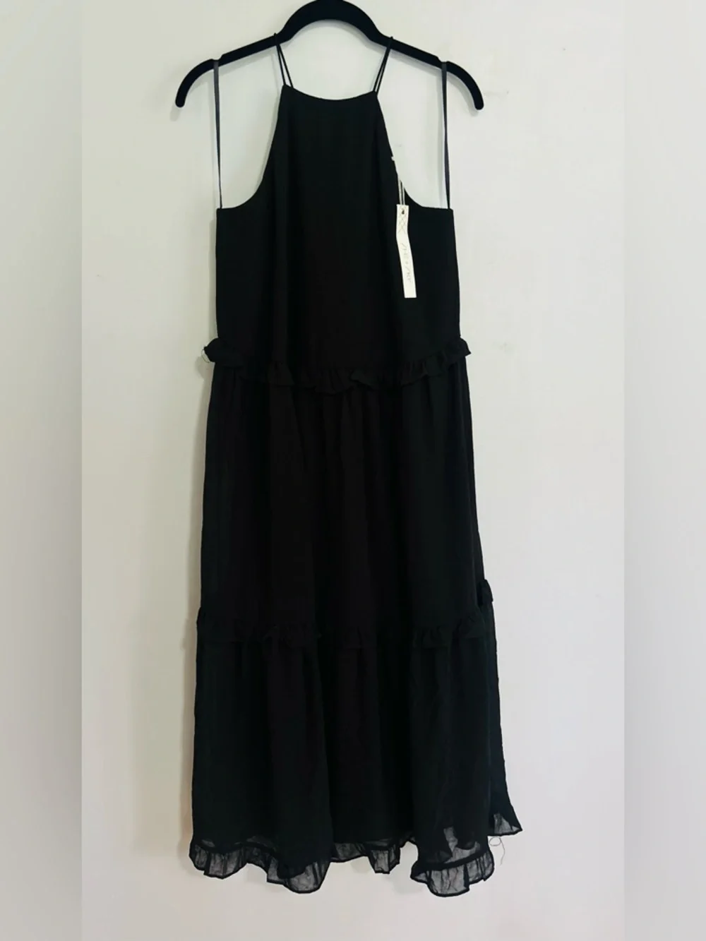 SHE + SKY Black Tiered Ruffle Midi Dress S Boho Minimalist Chic NWT Capsule