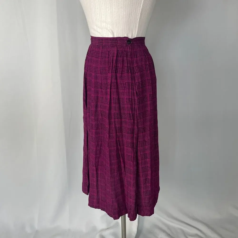 Vintage Pleated Skirt Size 8 Burgundy Black Houndstooth Midi Preppy Academia 90s