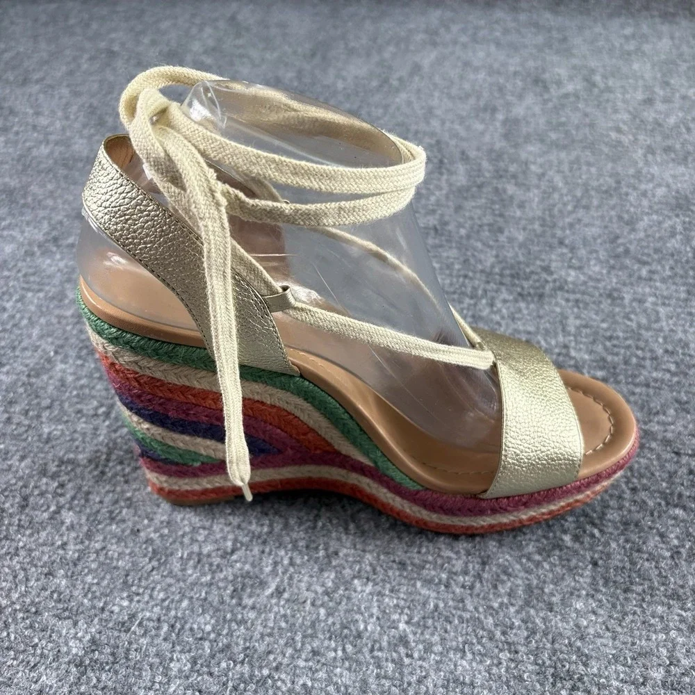 Kate Spade Gold Espadrille Wedge Sandals Women's 9M Lace Up Rainbow Boho 5