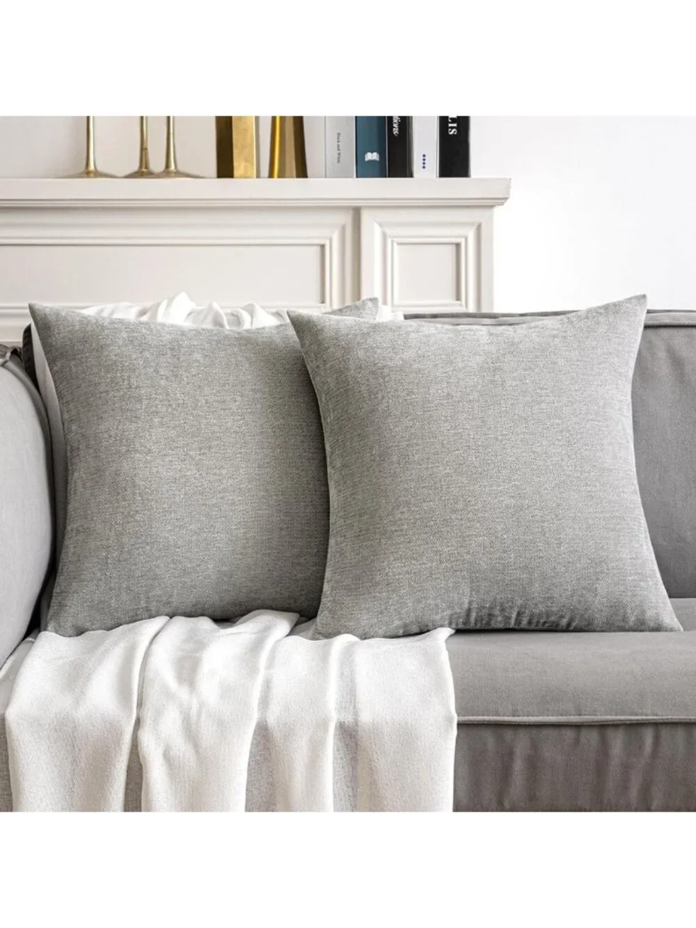 Soft Chenille Decorative Pillow Covers - Set of 2 Light Grey 18x18 Inch Cushions