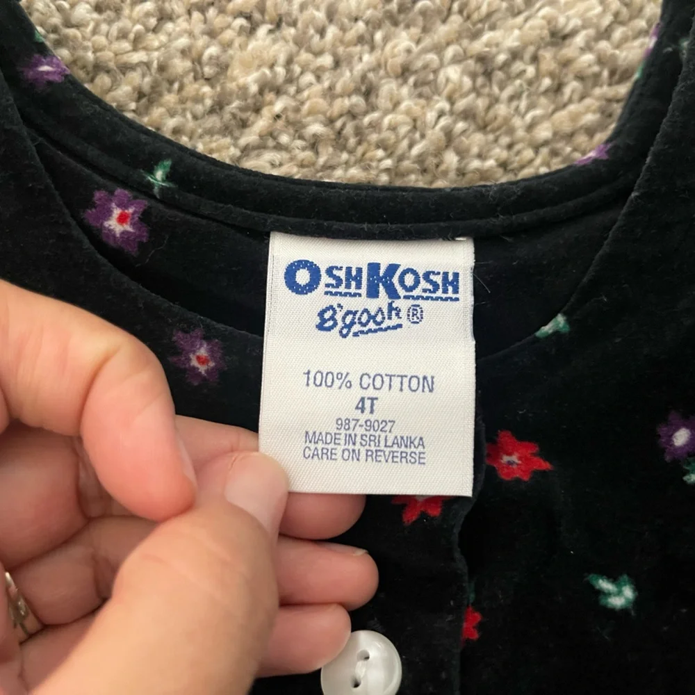 VINTAGE 90s Oshkosh BGosh Velvet Velour Floral Sleeveless Dress Black Size 4T