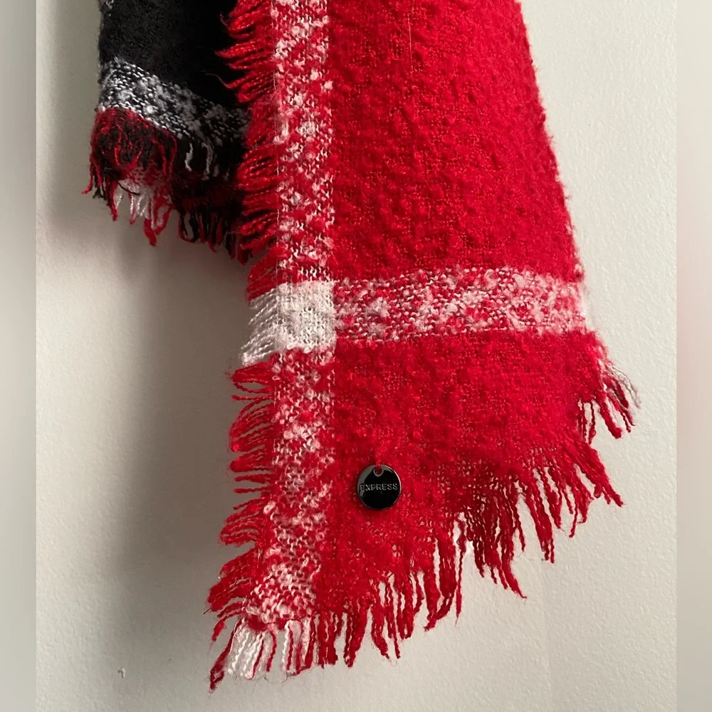 Express Red & Black Plaid Blanket Scarf Fringe Edge