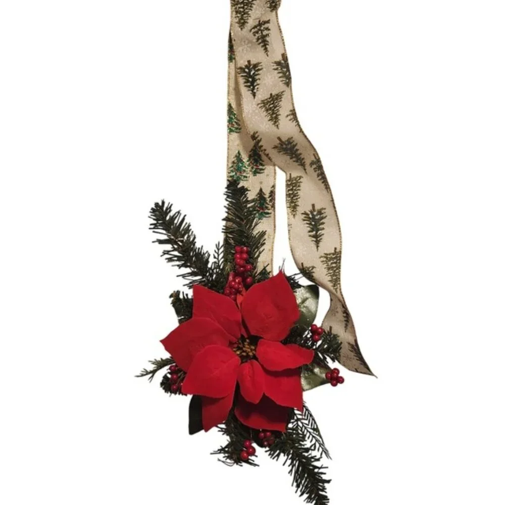 Christmas Poinsettia Door Swag Red Floral‎ Pine Cone Berry Wreath Accent