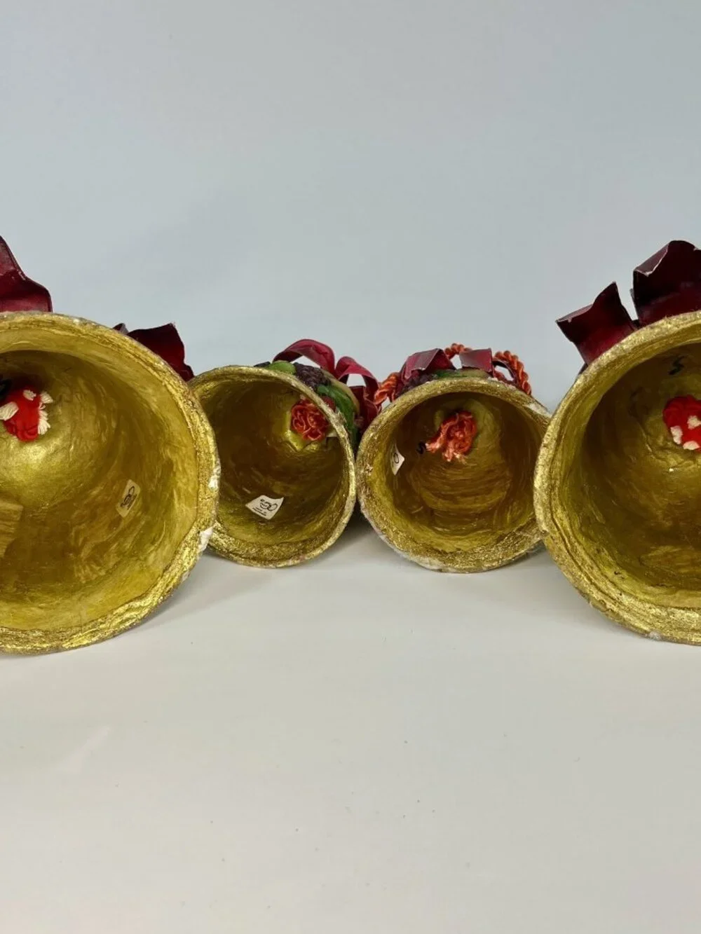 Dept 56 Gold Foil Bells RaisedFruit Design OrnamentWired Ribbon HTF Set Of 4