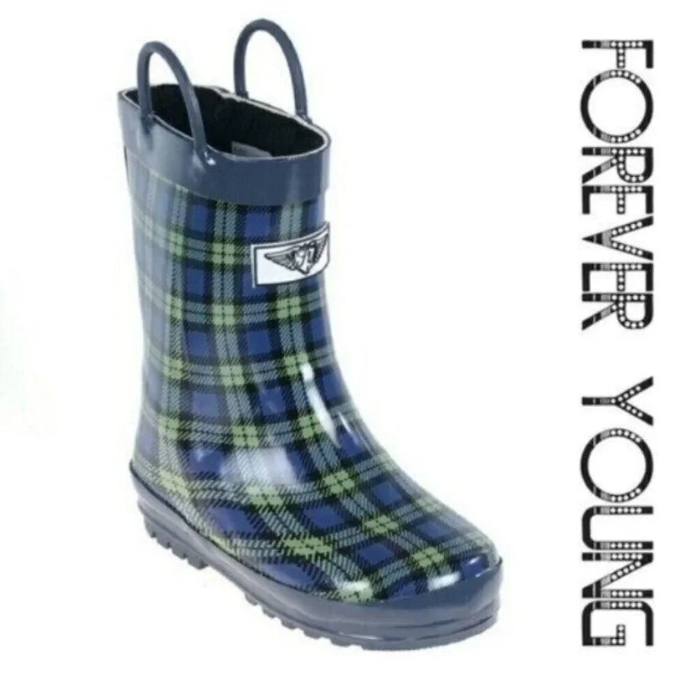 Kids Rainboots, Faux Fur Lined Rain Boots, K-1557 Blue Plaid, Size Little Boy 13