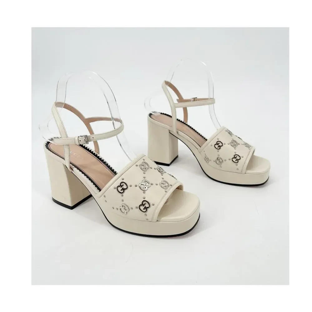 Gucci Mystic White Janaya Interlocking GG Studs Ankle Strap Sandals EU 38.5