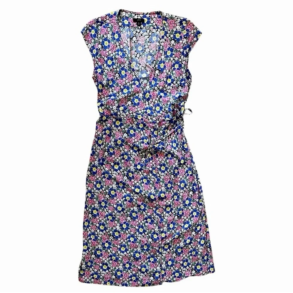 J. Crew Fabrizia Blue Pink Jersey Midi Ditsy Floral Wrap Retro Midi Dress