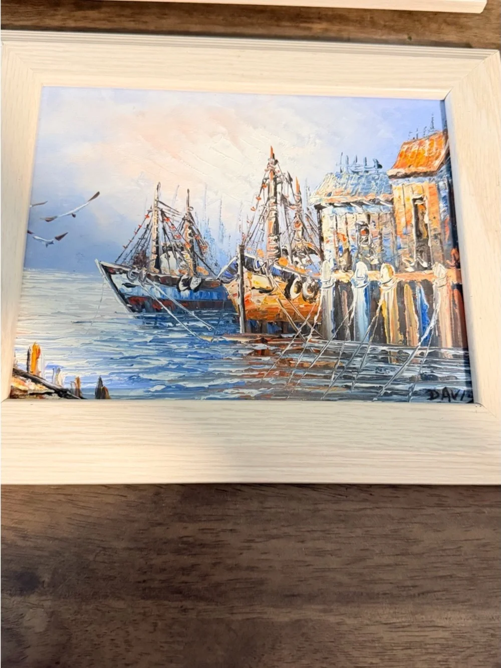 Framed Seascape Oil Paintings Set of 2 Signed Coastal Harbor Art Vintage Style