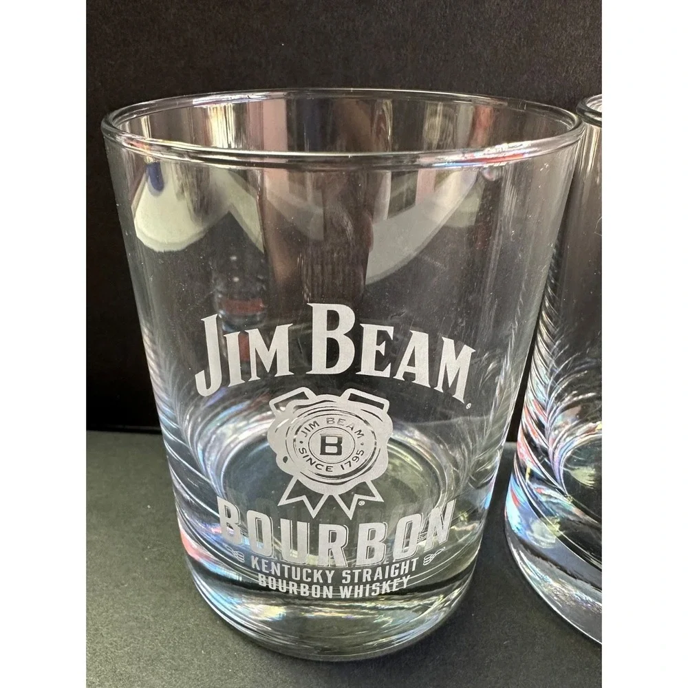 Set of 2 Vtg Jim Beam Bourbon Whiskey Logo Bar Glasses Tumblers Low Ball Rocks