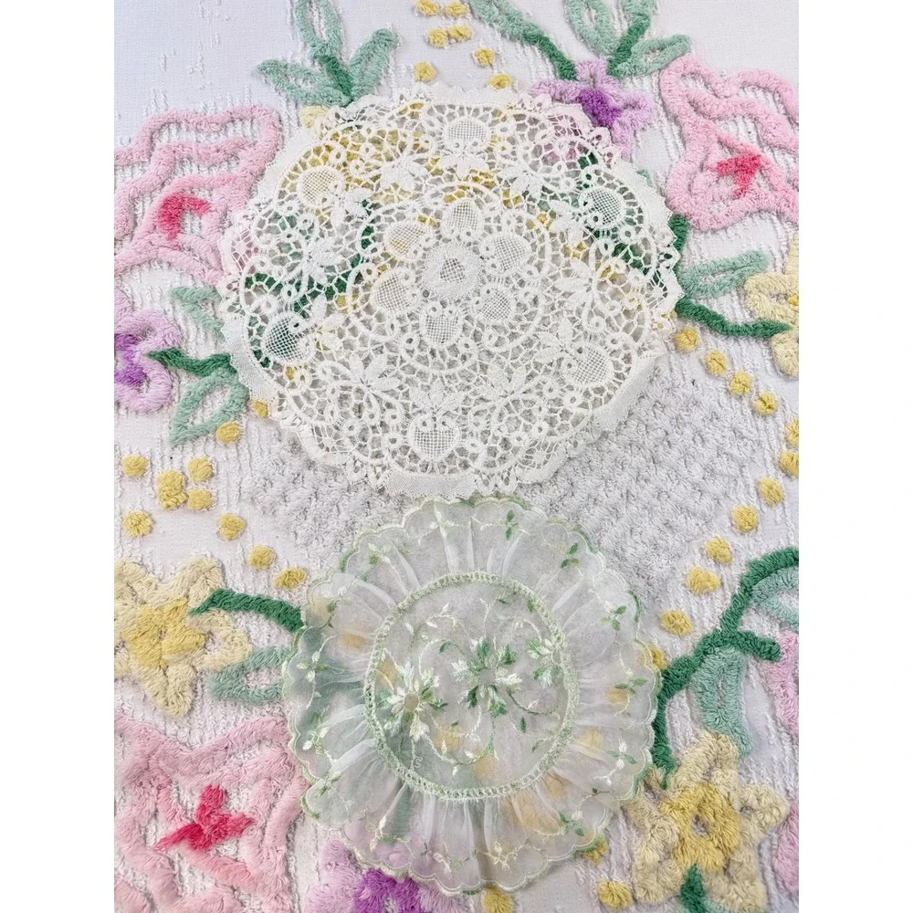 Vintage Lace Doily Set Cream Battenberg Lace & Green Embroidered Organza 2pc
