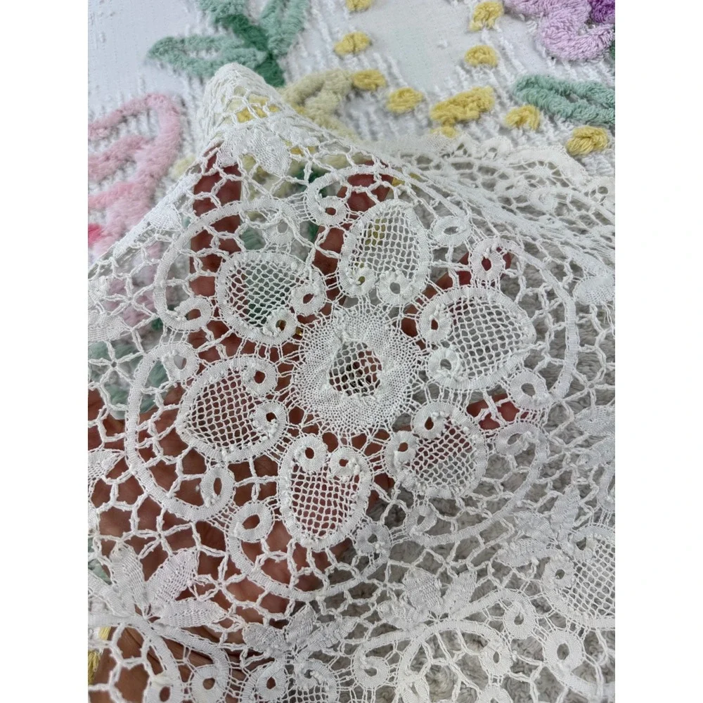 Vintage Lace Doily Set Cream Battenberg Lace & Green Embroidered Organza 2pc