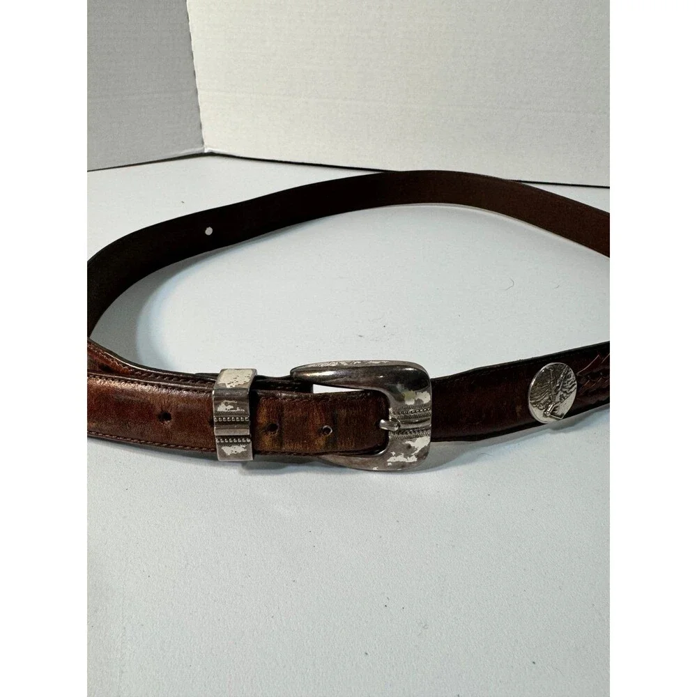 Onyx by Brighton Leather Belt 42 Golf Concho Braided Inlay Brown 11507 Distress