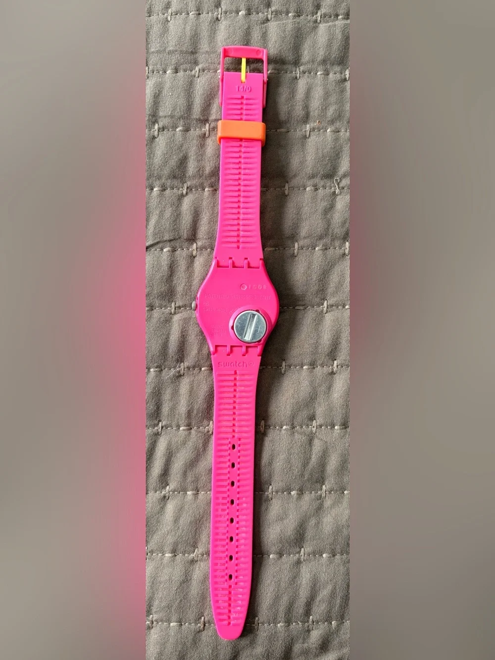 Swatch Hot Pink Silicone Watch with Chevron Dial and Orange Accent
