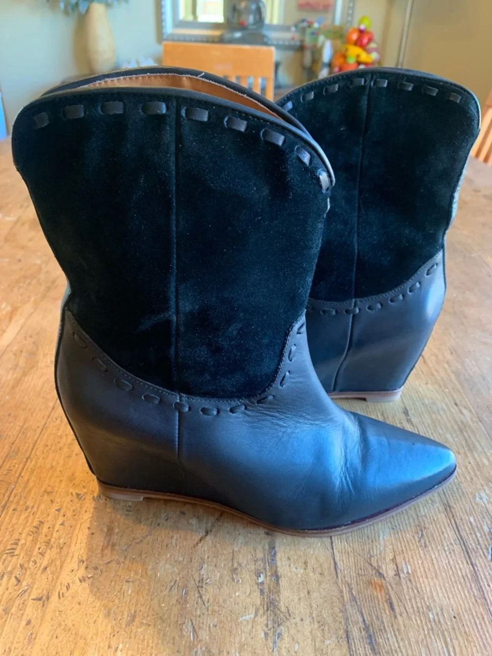 Martha Jones Women’s Black Two-Texture Wedge Ankle Booties
