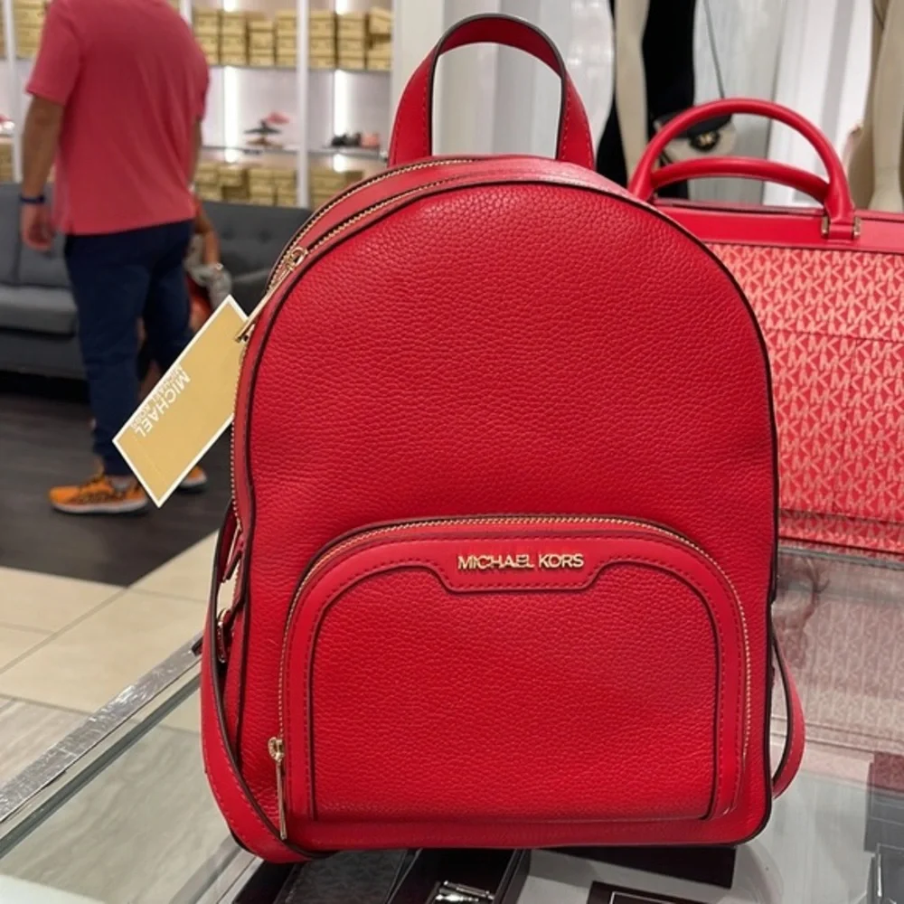 Michael Kors Jaycee Medium Pebbled Leather Backpack Bright Red NWT