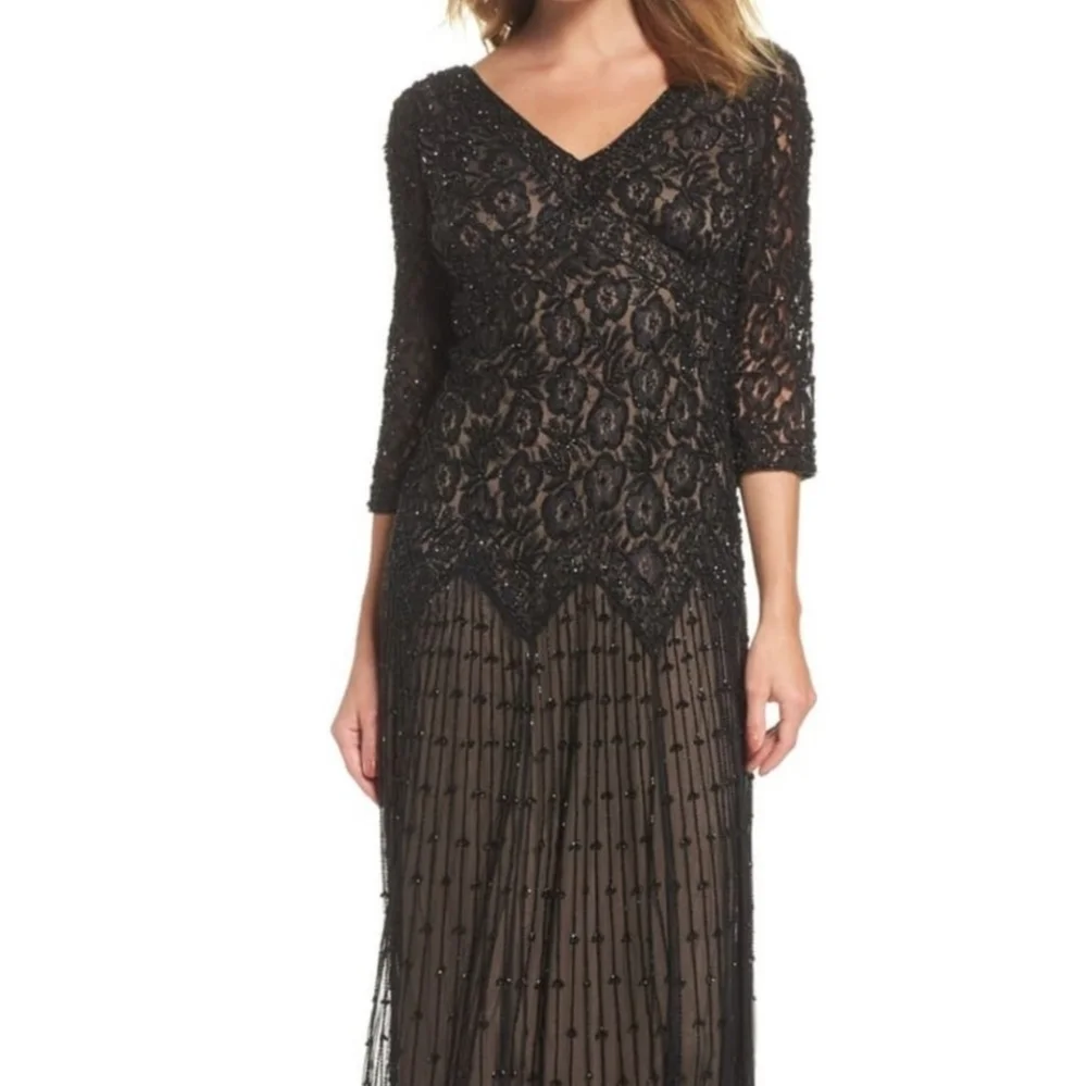Pisarro Nights Floral Beaded Mesh Drop Waist Midi Dress size 12