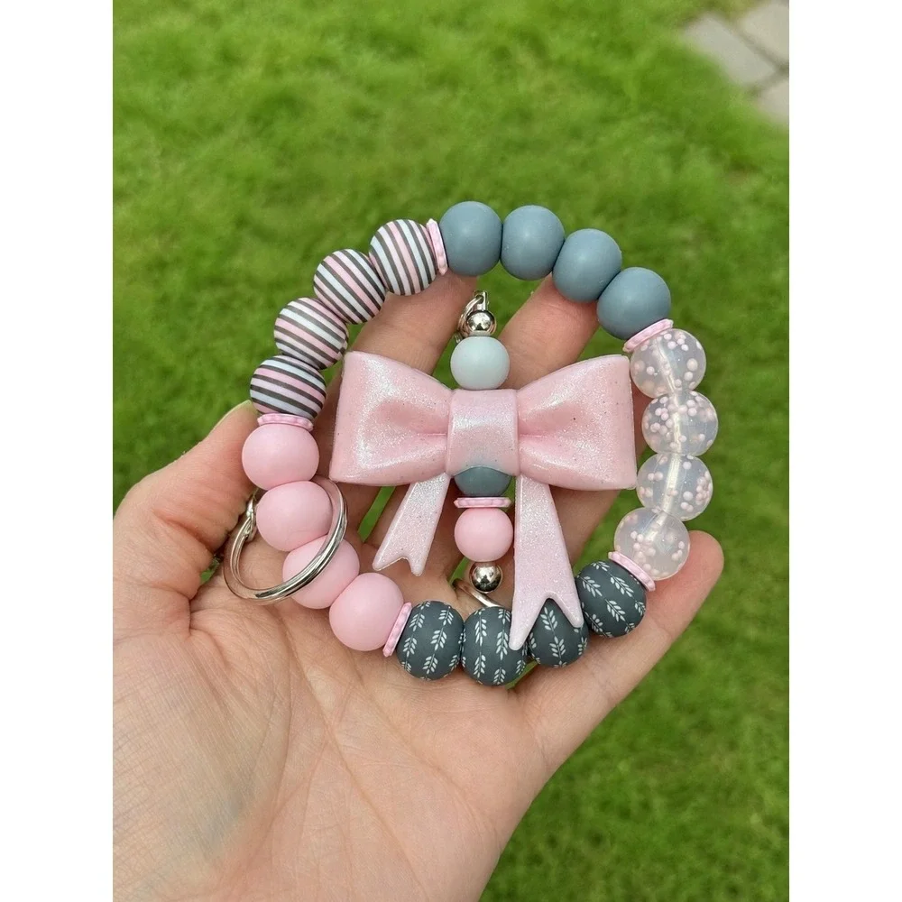 Handmade Pink Grey Silicone Bead Wristlet Keychain with Detachable Glitter Bow