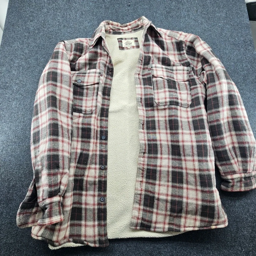 Levis Shacket Shirt jacket Flannel Sherpa Lined Men Med red black plaid button