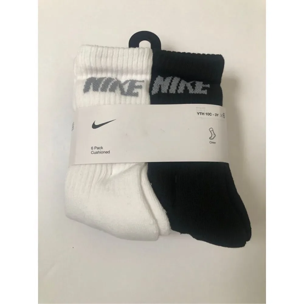 Nike Boys Cushioned Crew Socks 6 Pack (Grey/White/Black) size 10C- 3Y