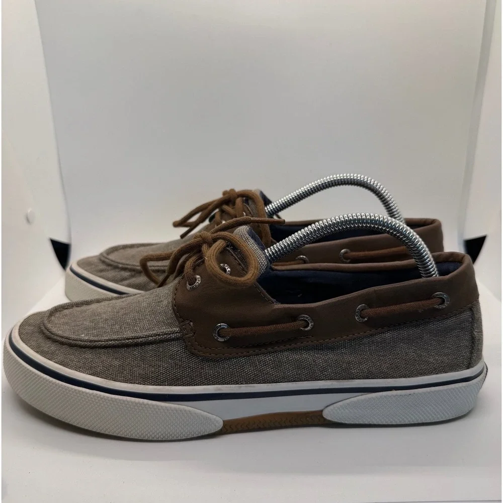 Sperry Bahama II Boat Shoes Mens 9 Brown Tan Canvas Leather Sneakers STS21489