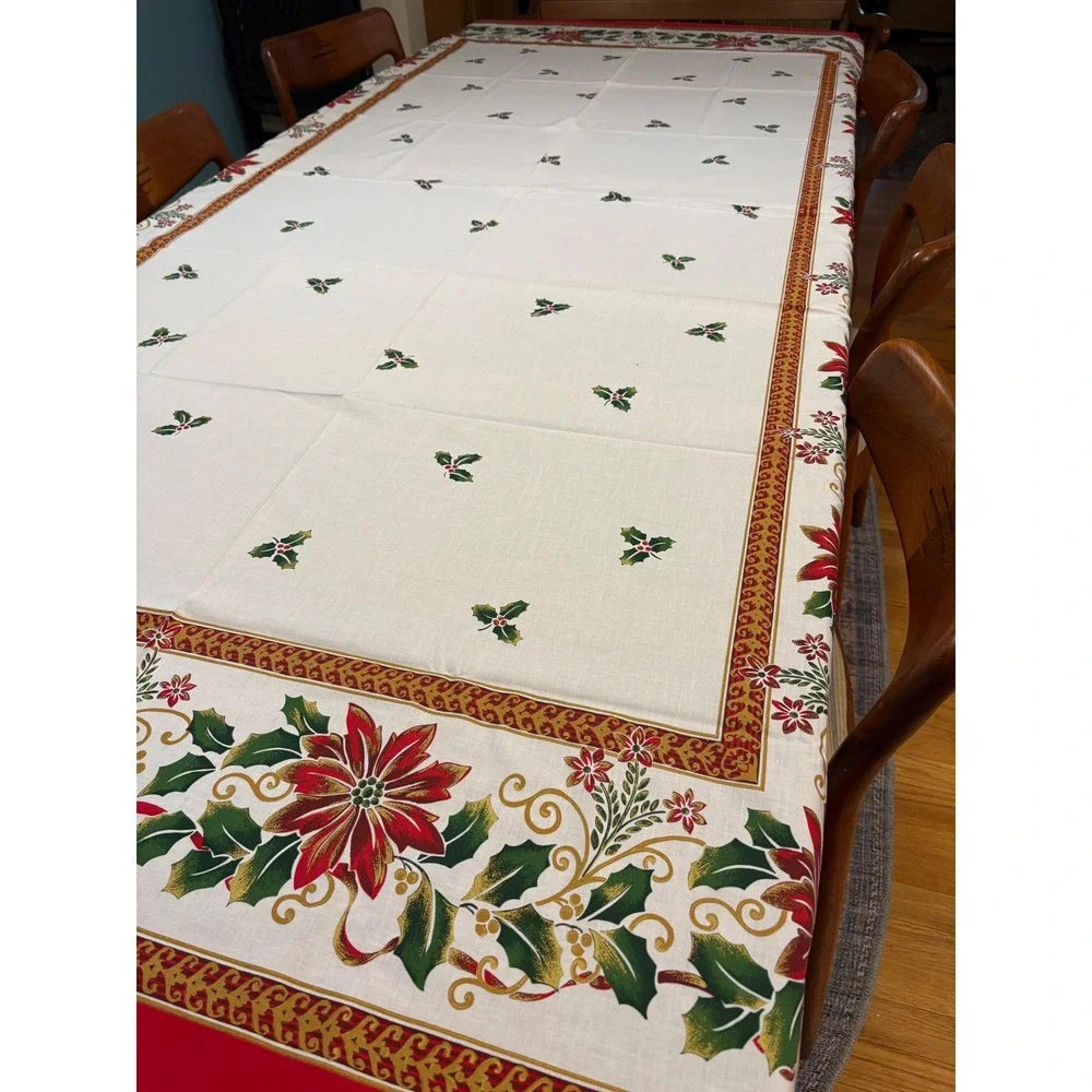 Christmas Poinsettia Holly Tablecloth White Red Green Holiday Dining‎  58 x100