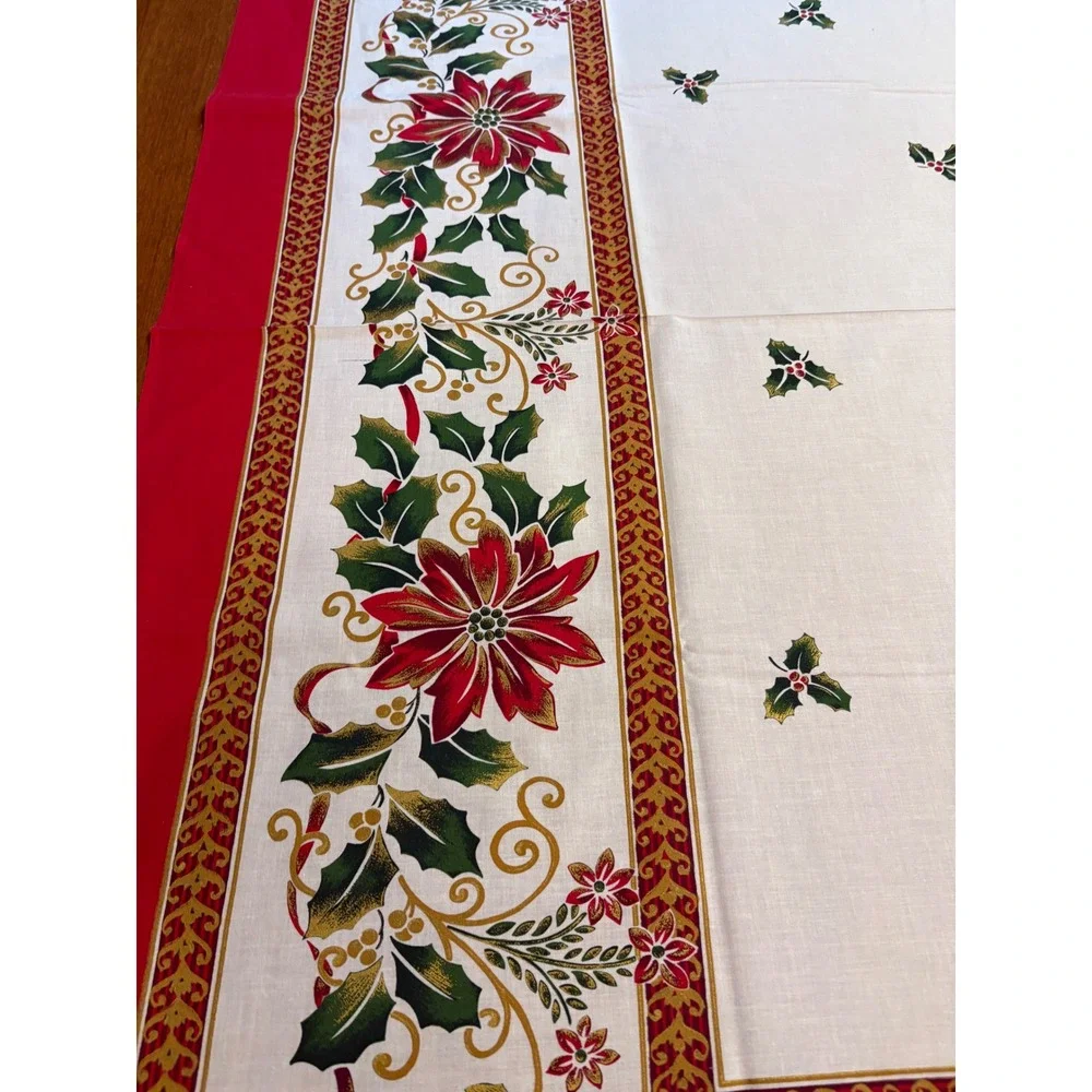 Christmas Poinsettia Holly Tablecloth White Red Green Holiday Dining‎  58 x100
