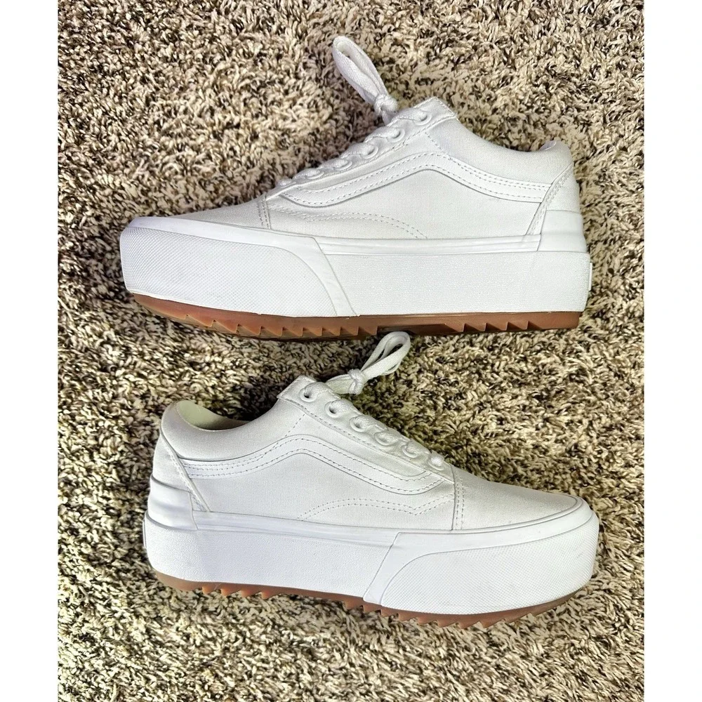 Vans Old Skool Stackform Shoes Womens Size 7.5 White Leather Platform Gum Sole