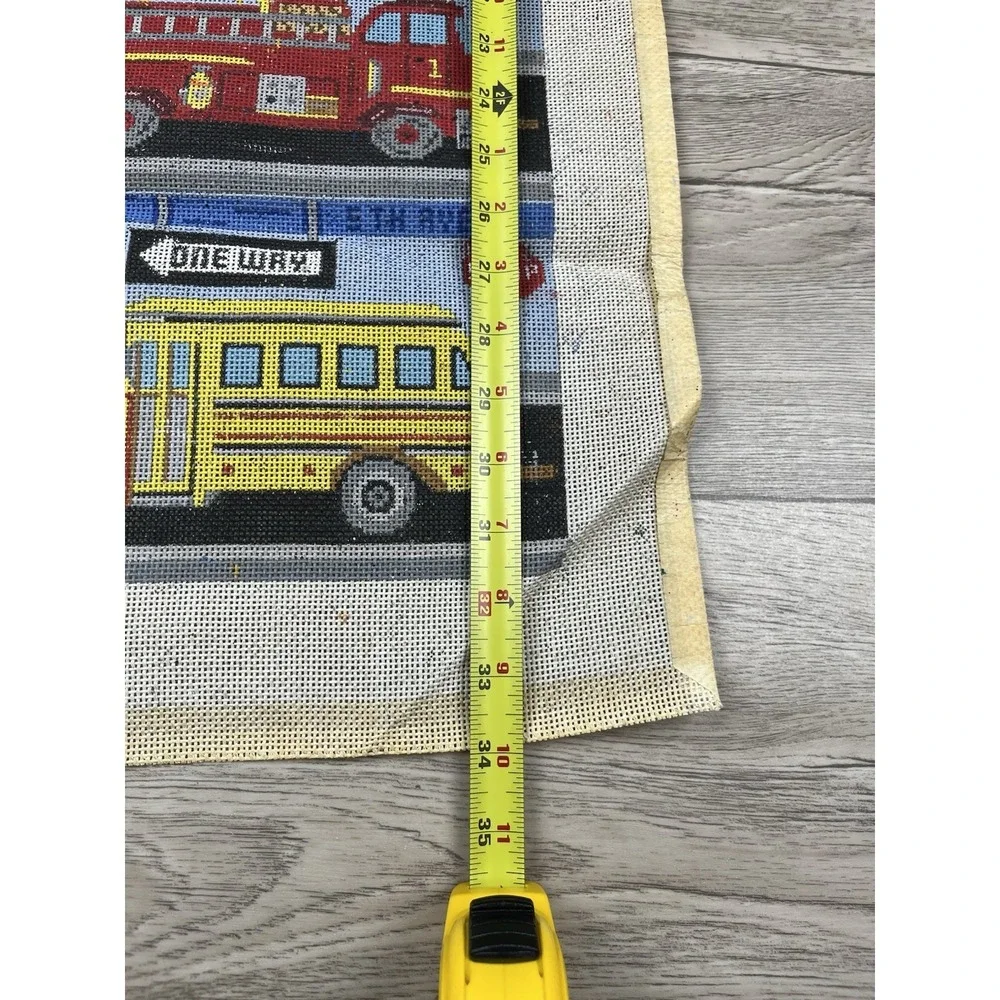 Handpainted Needlepoint Canvas Fire Truck Police Car School Bus Train Airplane
