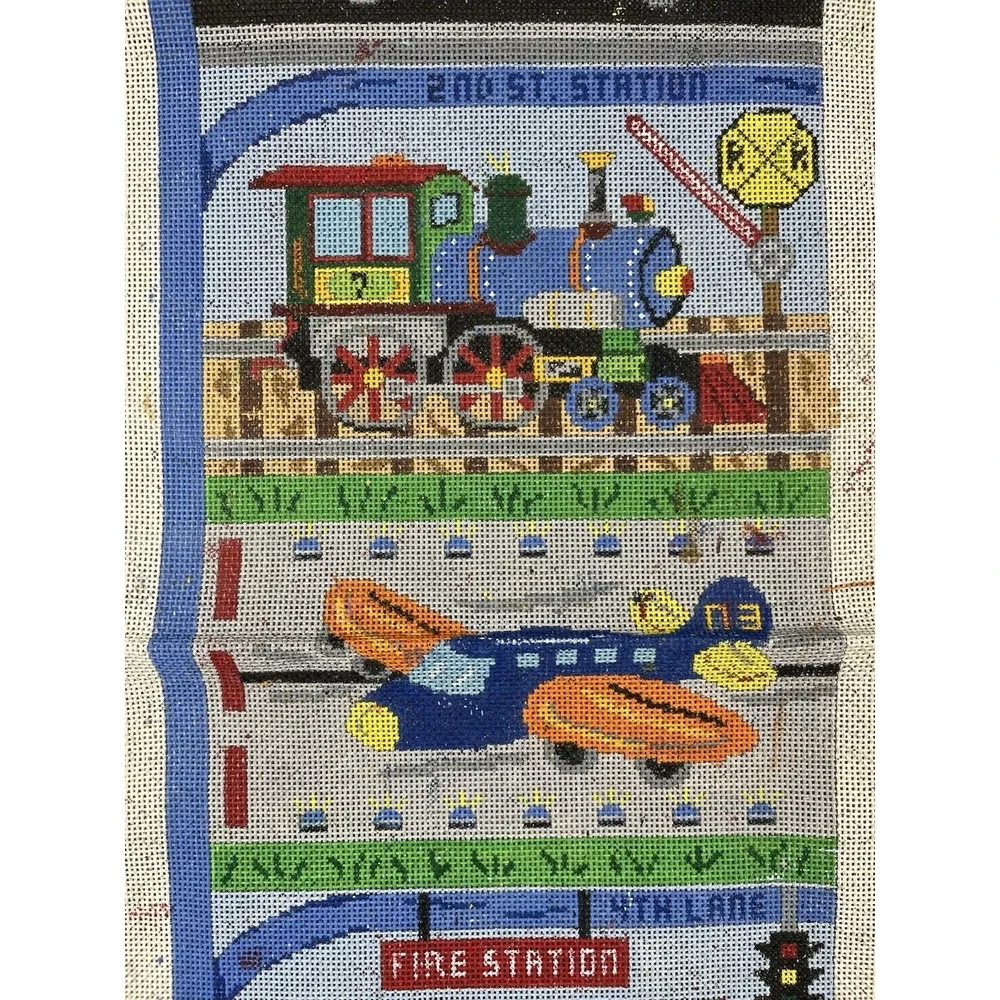 Handpainted Needlepoint Canvas Fire Truck Police Car School Bus Train Airplane