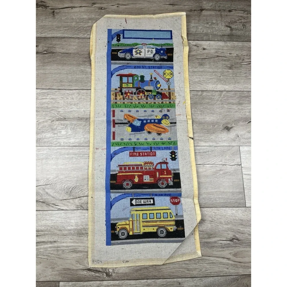 Handpainted Needlepoint Canvas Fire Truck Police Car School Bus Train Airplane