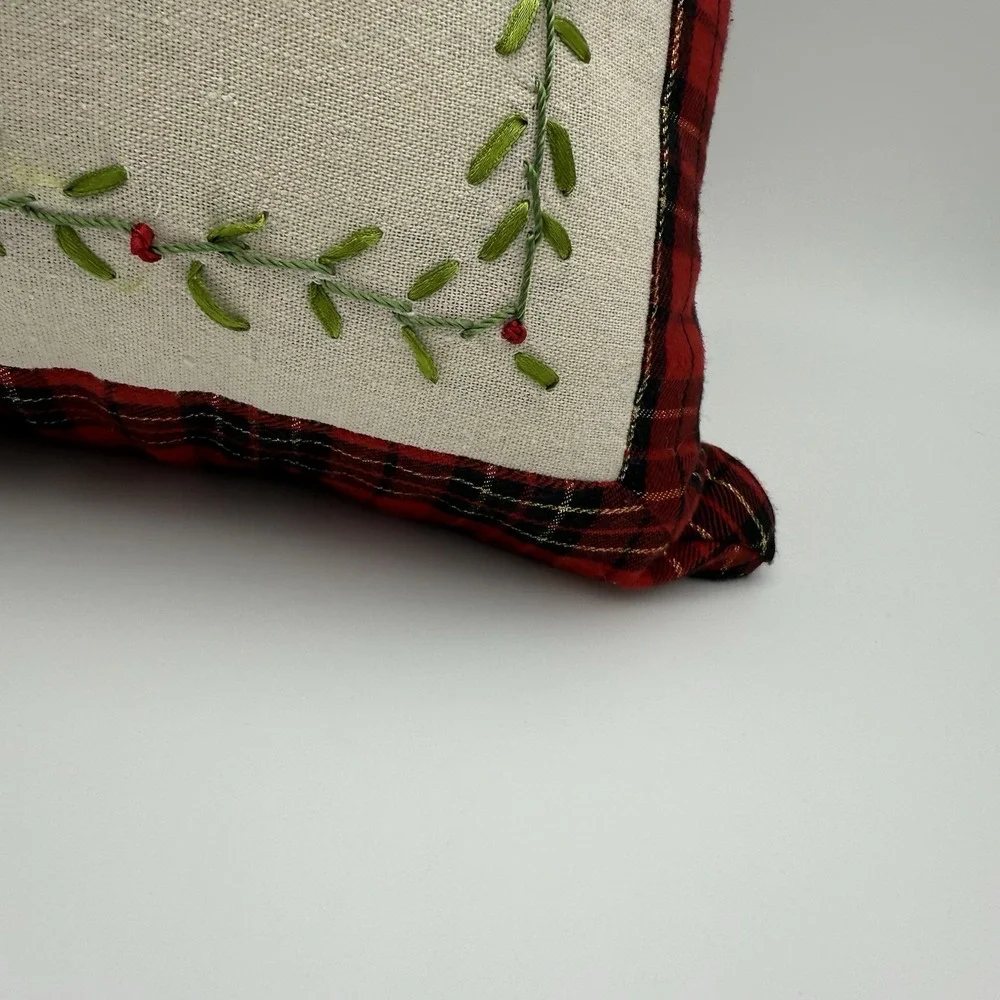 Christmas Throw Pillow Embroidered Quilted Plaid 3D Folksy Rustic Acorn Tree‎