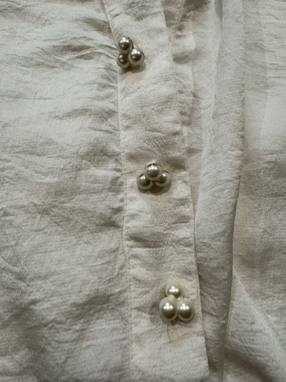 Zara Women Cream Tie Neck Pearl Button Blouse Textured Ivory Long Sleeve Top XS