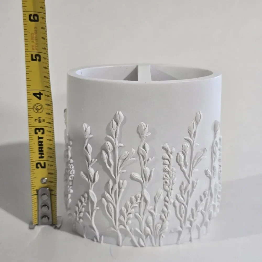Toothbrush Holder - Ceramic Floral Embossed Bathroom Cup Unglazed - White Matte