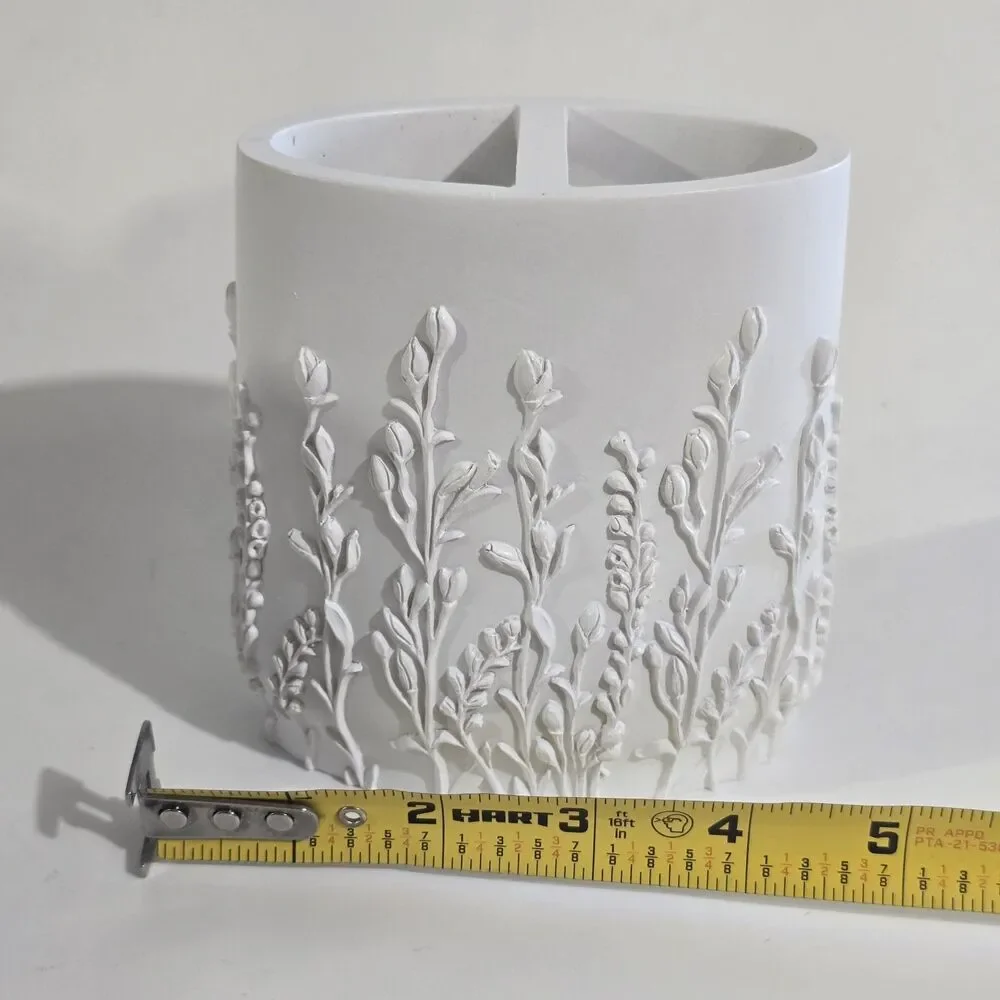 Toothbrush Holder - Ceramic Floral Embossed Bathroom Cup Unglazed - White Matte
