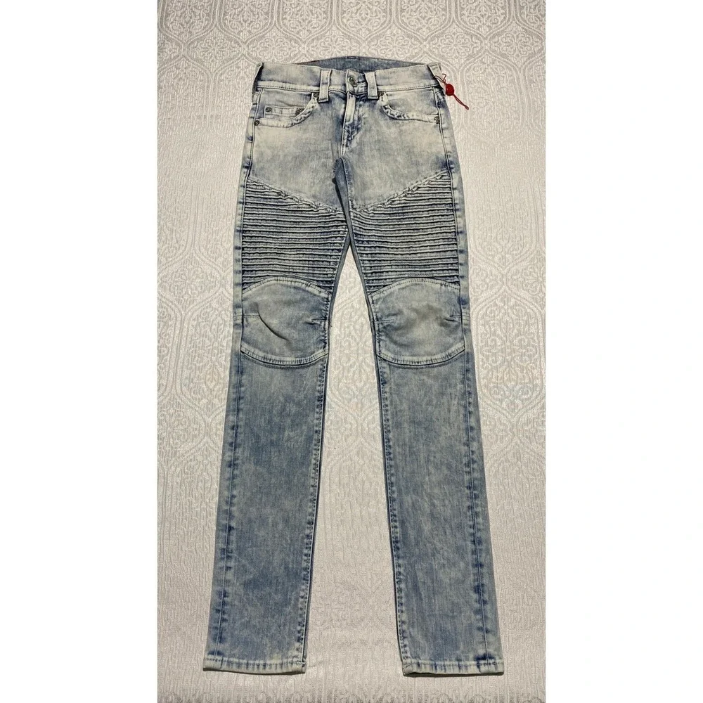 True Religion Pleated Moto Skinny Jeans Light Acid Wash Blue‎ Size 27