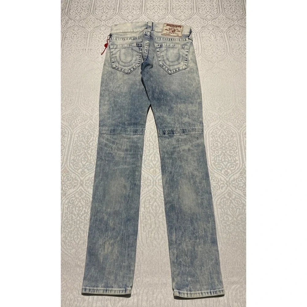 True Religion Pleated Moto Skinny Jeans Light Acid Wash Blue‎ Size 27