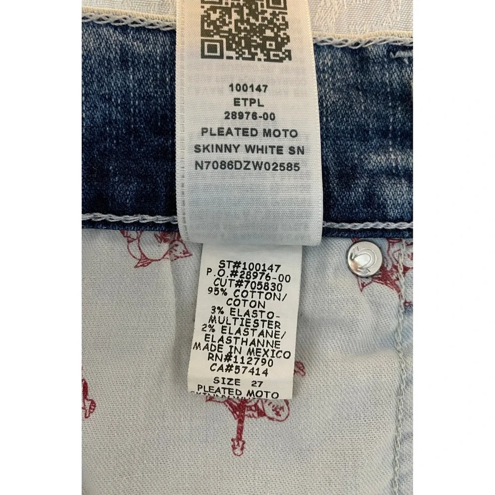 True Religion Pleated Moto Skinny Jeans Light Acid Wash Blue‎ Size 27