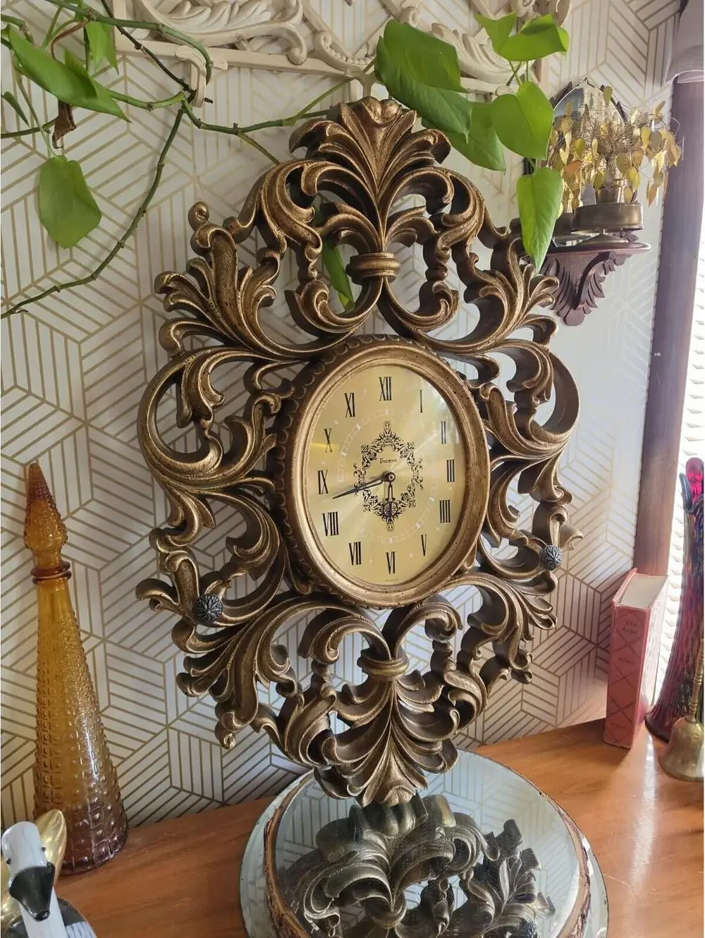 Vintage 1970 Burwood Large Gold Ornate Wall Clock Hollywood Regency 31”x20”