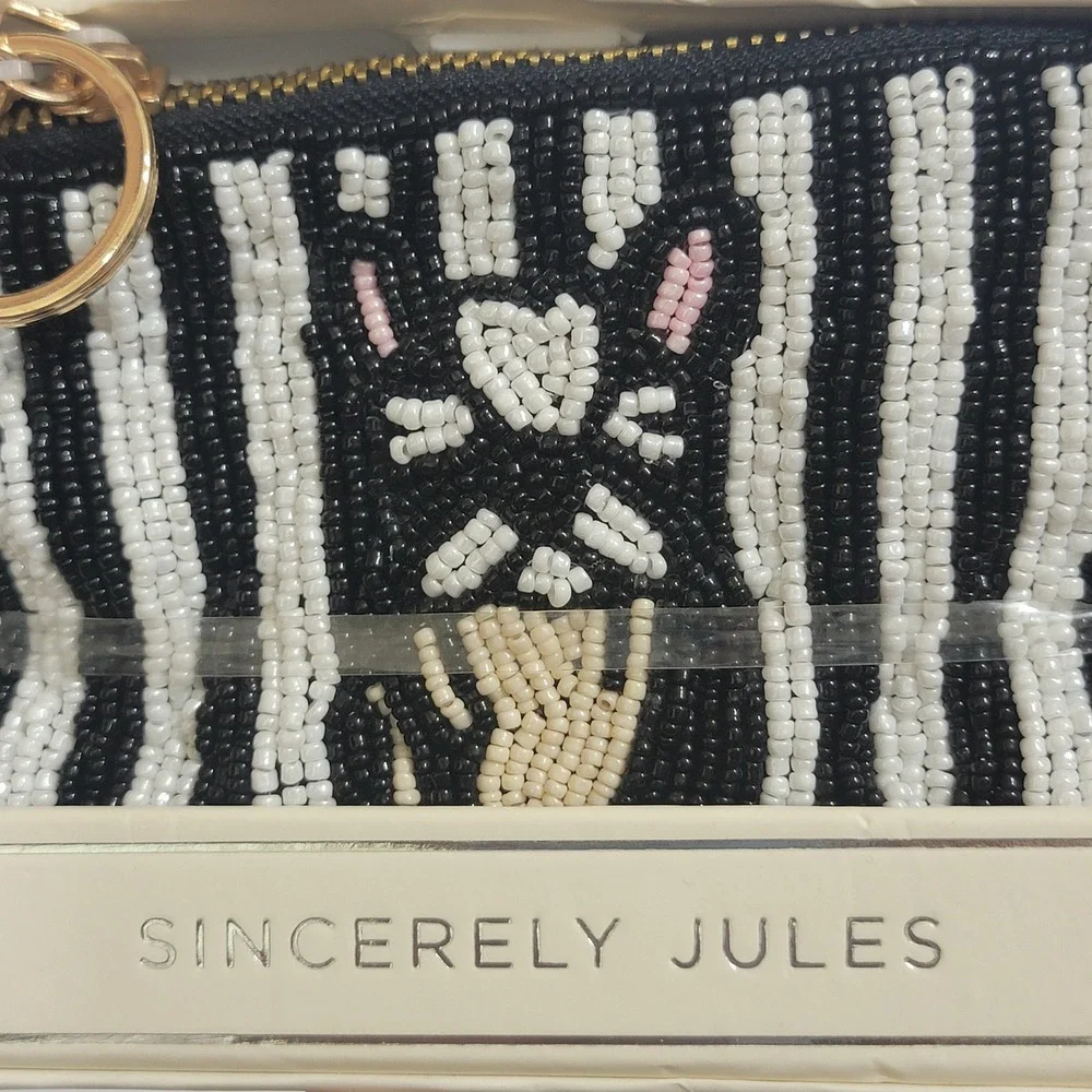 NEW Sincerely Jule Beaded India Coin Bag Frenchie Bulldog Striped Keychain Pouch