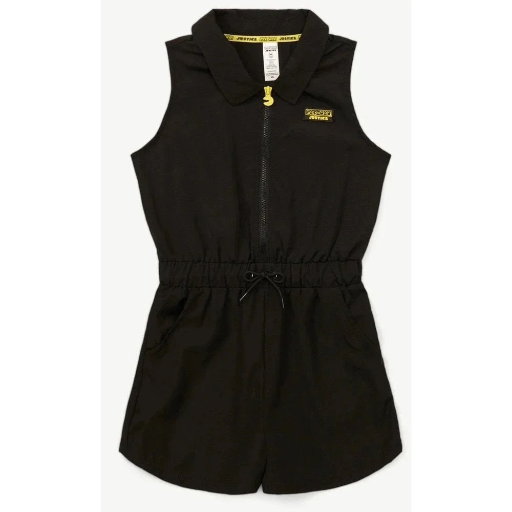 Justice Girls Black Pac Man Zip‎ Up Romper Jumpsuit Size L (12/14) /#2692
