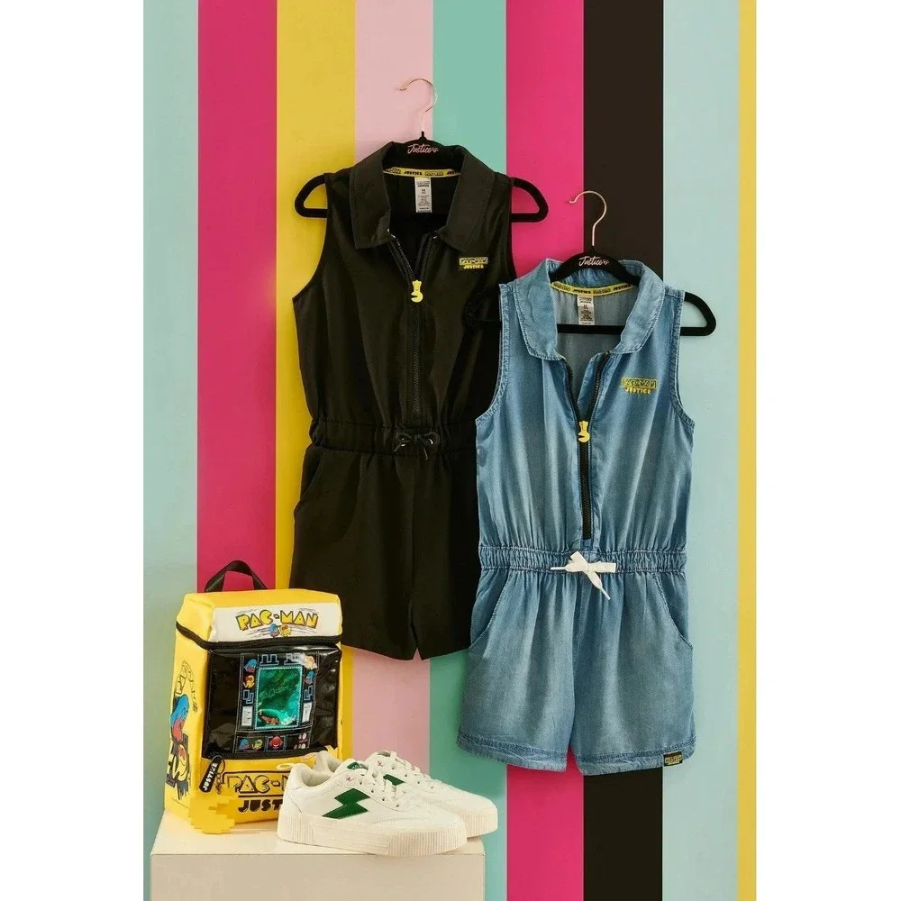 Justice Girls Black Pac Man Zip‎ Up Romper Jumpsuit Size L (12/14) /#2692