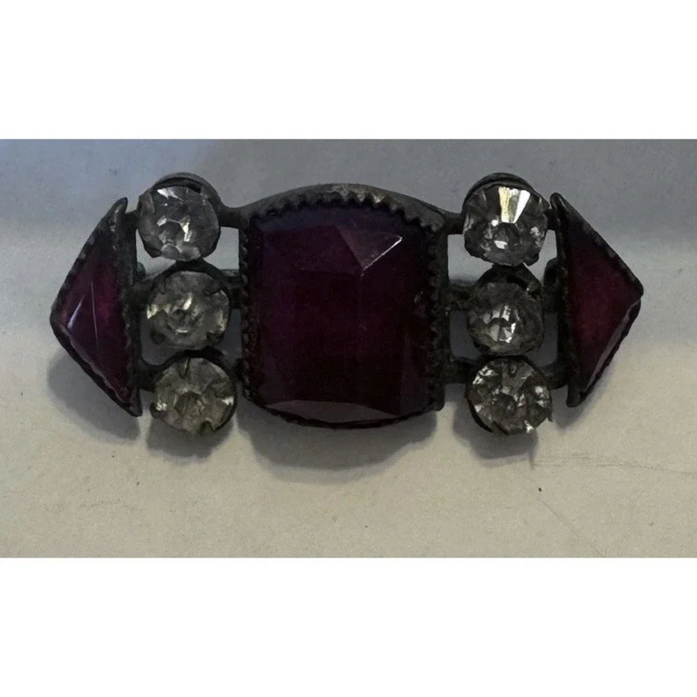 Antique Art Deco Red‎ Glass Clear Rhinestones Silvered Brass Bar Brooch Pin